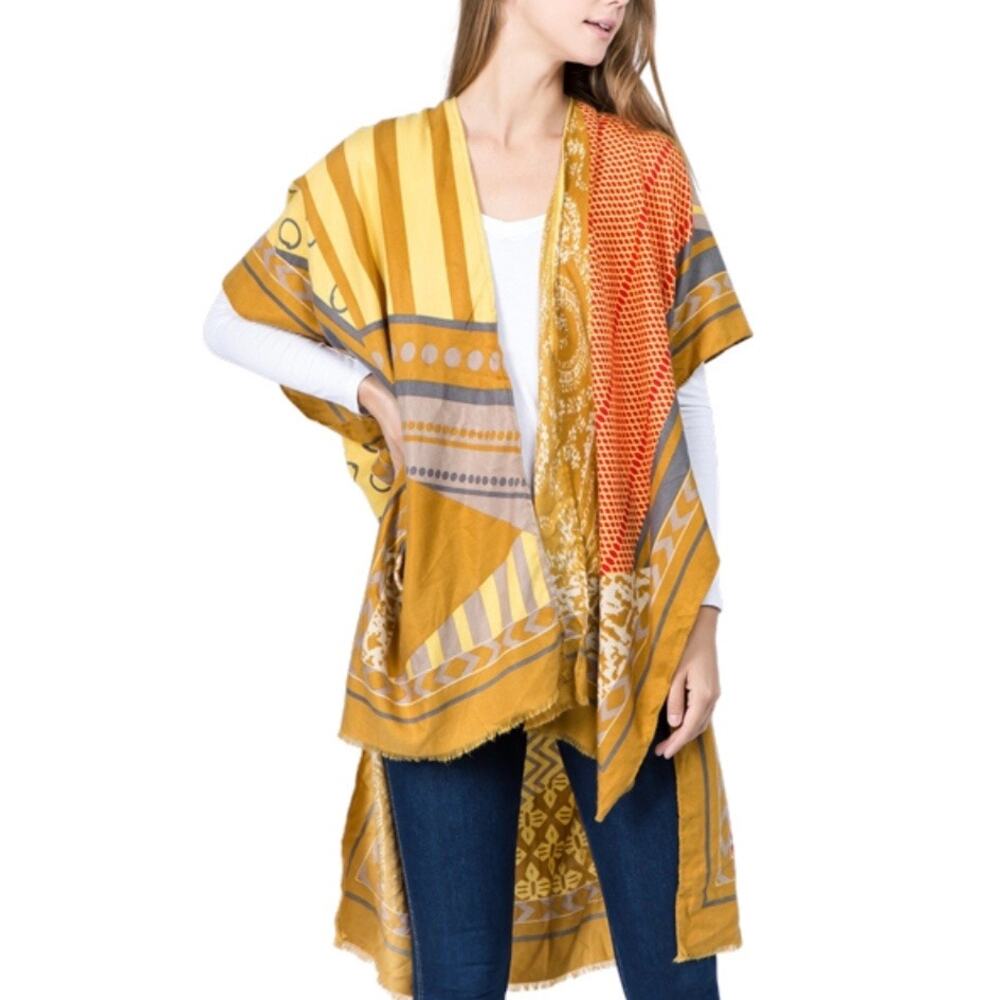 Janice Apparel Wool Blend Kimono Wrap Scarf Multicolor Abstract Art-to-Wear